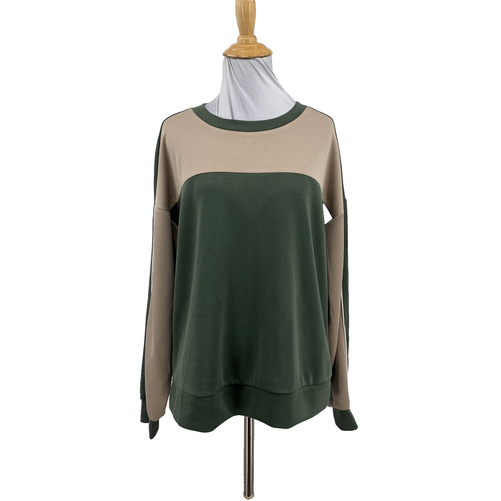 BKE Shirt Womens S Small Beige Sage Colorblock Crewneck Long Sleeve Pullover